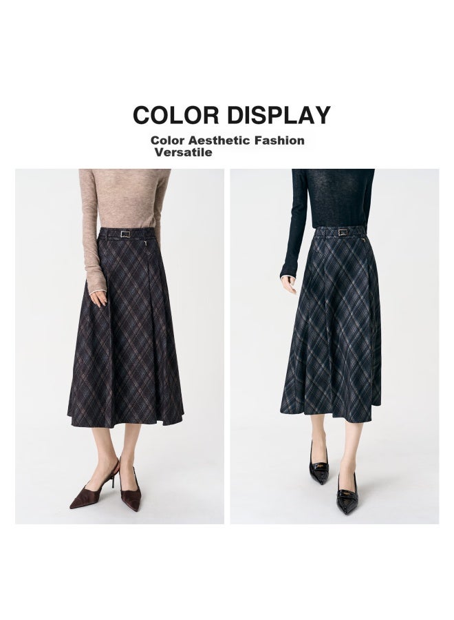 Yanyee Vintage Plaid Slimming Mid-length A-line Skirt For Women  Winter Coffee Plaid XL - Image 2
