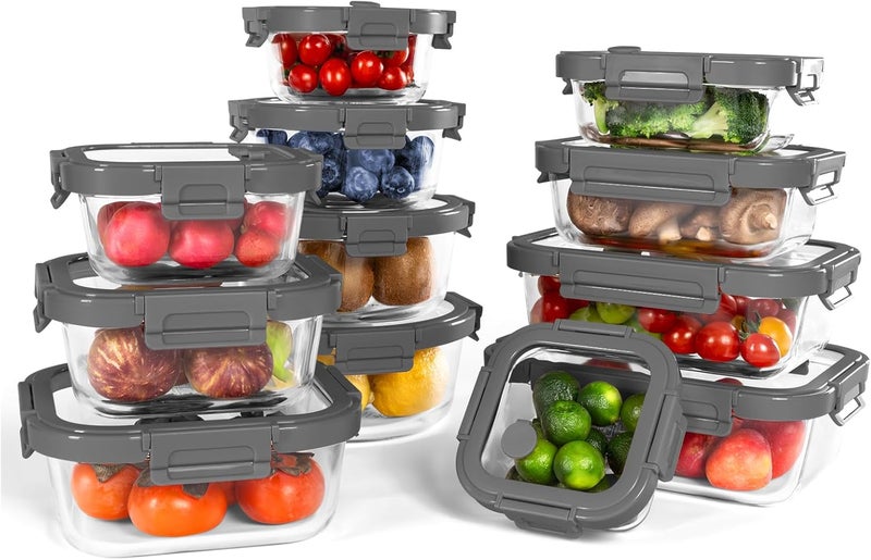 BOROHOUSE 12-Pack Glass Containers with Tempered Lids - Borosilicate, Oven-Safe, Airtight, BPA-Free, Multi-Size for Meal Prep, Dishwasher Safe (Gray) - Image 1
