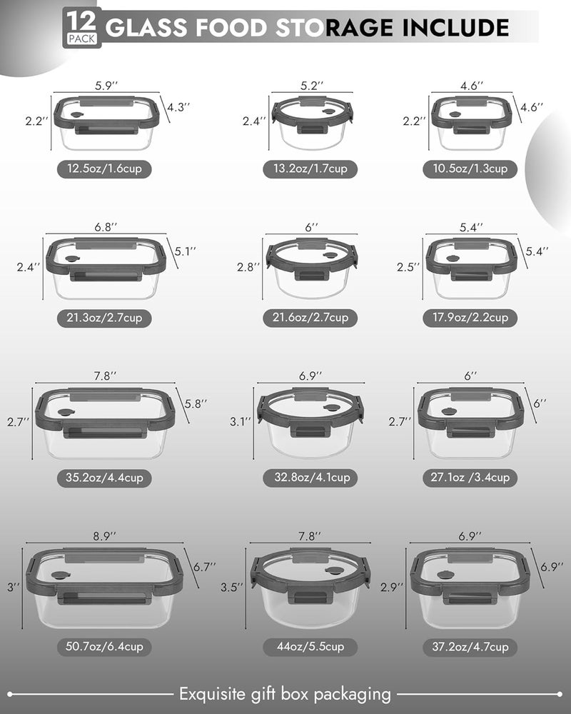 BOROHOUSE 12-Pack Glass Containers with Tempered Lids - Borosilicate, Oven-Safe, Airtight, BPA-Free, Multi-Size for Meal Prep, Dishwasher Safe (Gray) - Image 2