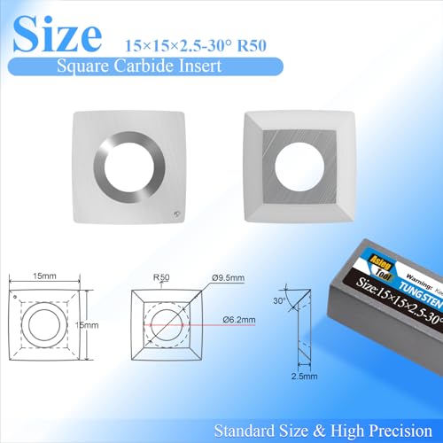 Asieg Tool 15mm Square Tungsten Carbide Replacement Cutter Inserts Knives 15 x 15 x 2.5mm-4 Edges with 2" Face Radius fit for Woodworking Helical Planer Head and CNC or DIY Wood Lathe Turning Rougher Tools 10pcs - Image 2