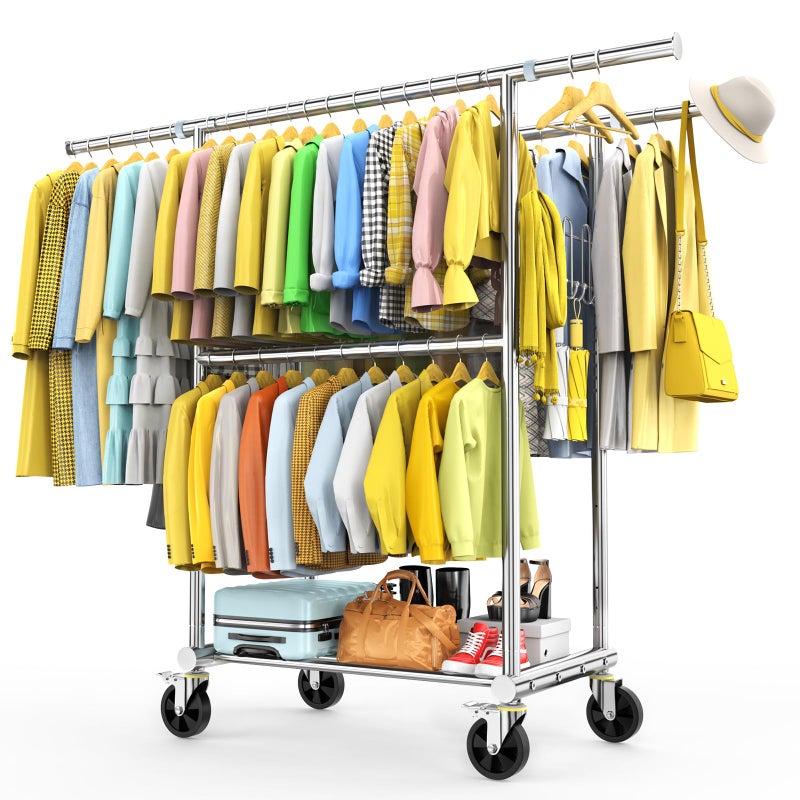 100 Stainless Steel Heavy Duty Clothes Rack Load 960LBS Three Rods Clothing Racks for Hanging Clothes ExtendableRolling Garment Rack With Sturdy Wheels Shelves Hooks Portable Closet Wardrobe Rack