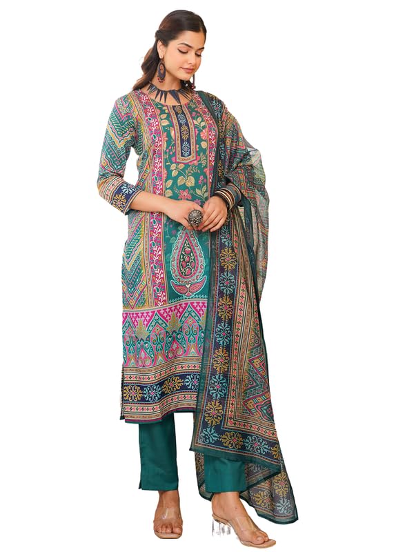 Vaamsi Women's Turquoise Rayon Printed Straight Kurta Pants With Dupatta Set | Festive Straight Kurta Set For Women | Printed Salwar Suit For Women (SKSKD3054, 3XL) - Image 1