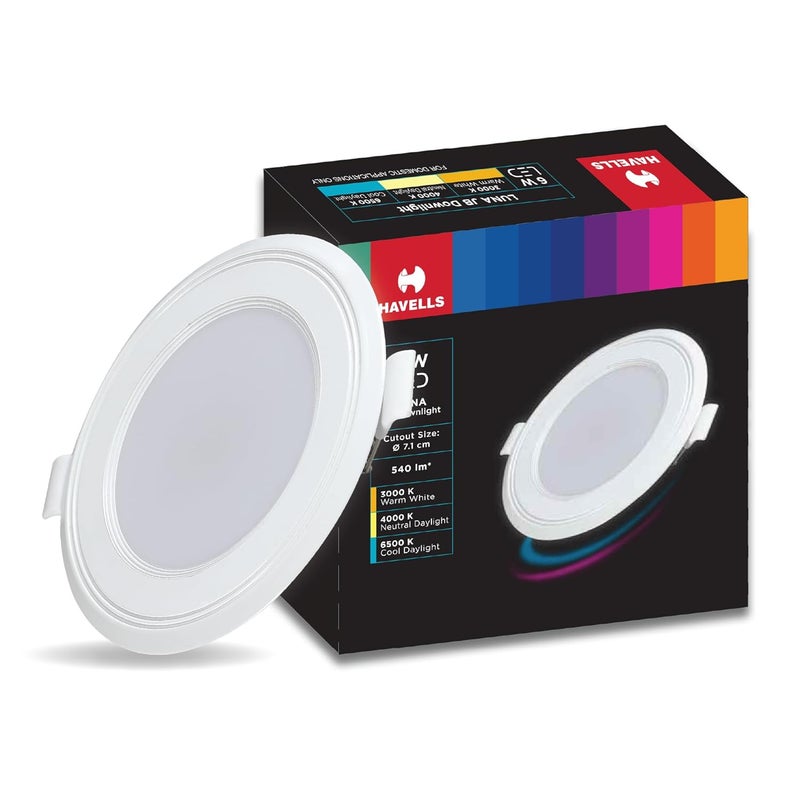 Havells HAVELLS Luna 6W Downlight for Junction Box Round Colour Natural White 4000K 3 inch Cutout 22mm Height High Voltage Protection Upto 4KV Pack of 1  - Image 1