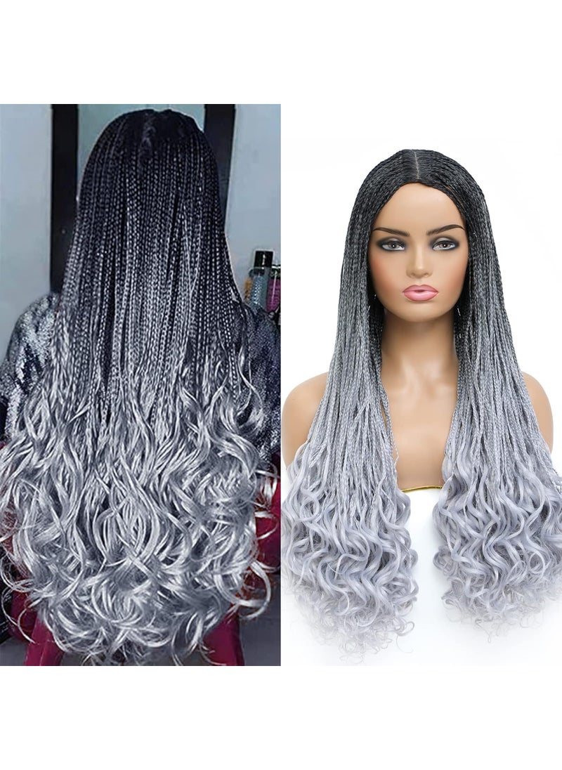 ROSEBONY - Braided Wigs Box Braids with Curly Ends Ombre Silver Gray Glueless Wigs Long Braids Wigs for Black Women - Image 1
