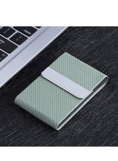 Excefore Business Card Holder, PU Leather Case Pocket Holders for Men or Women, Metal Slim Name Holder RFID Blocking Carrier with Magnetic Closure(Weave Pattern Green)  - Image 3