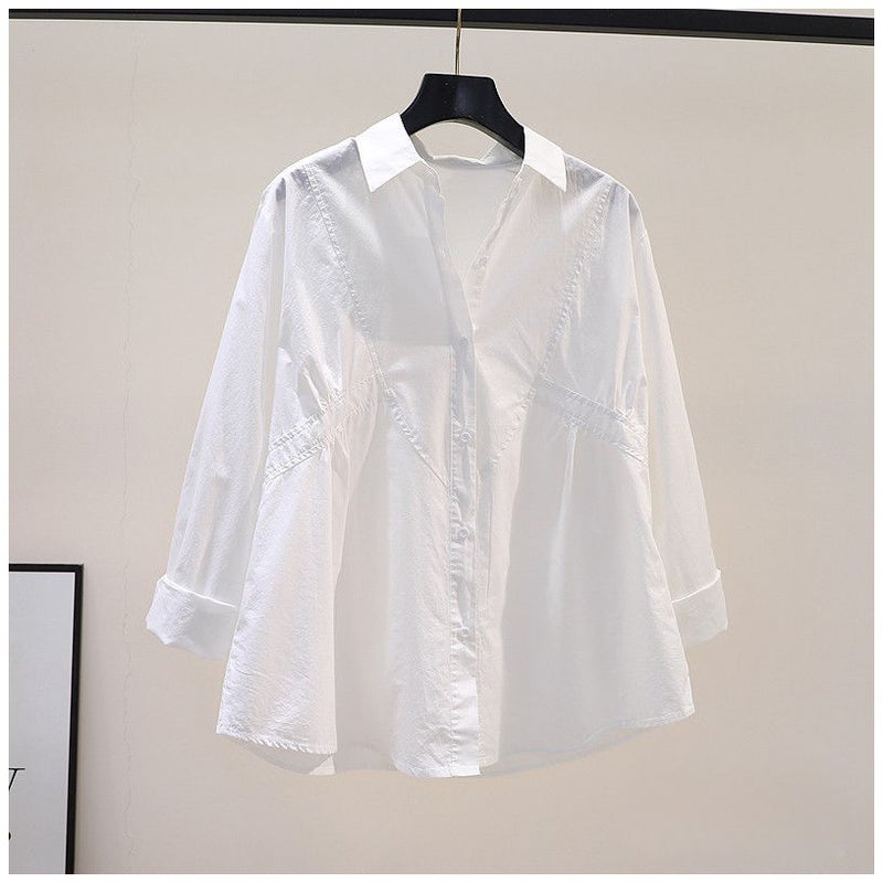 Waist Design Pleated Loose Cotton Shirt Women'S Blue Long-Sleeved Shirt 2024 Fresh All-Matching Top - Image 1