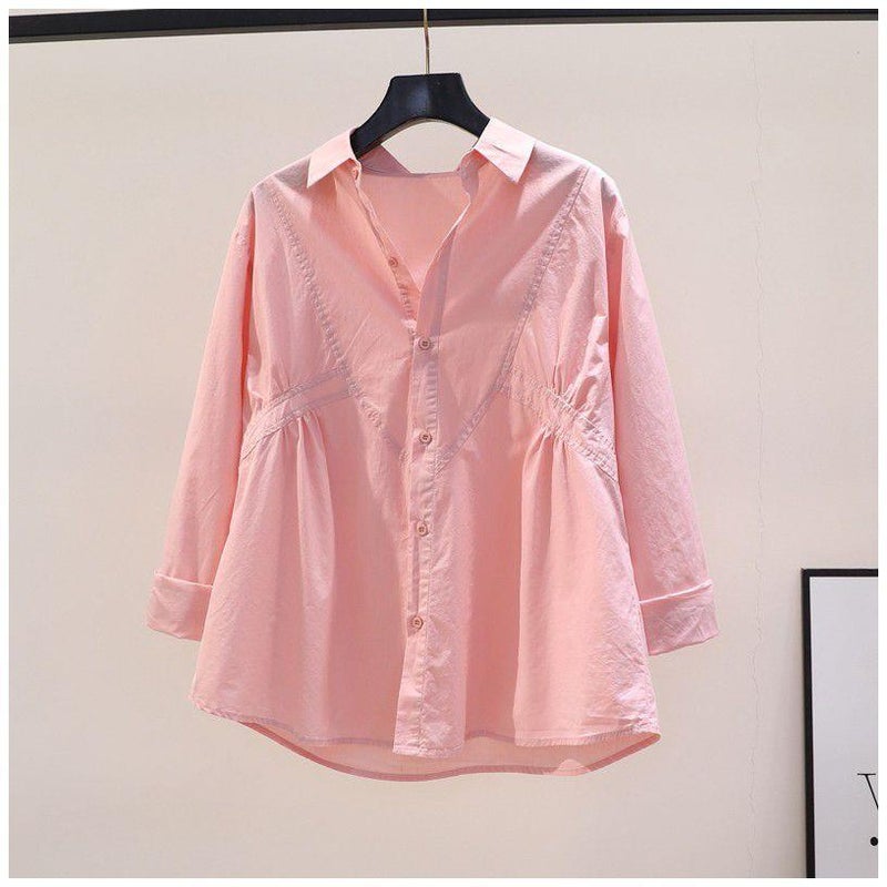 Waist Design Pleated Loose Cotton Shirt Women'S Blue Long-Sleeved Shirt 2024 Fresh All-Matching Top - Image 4