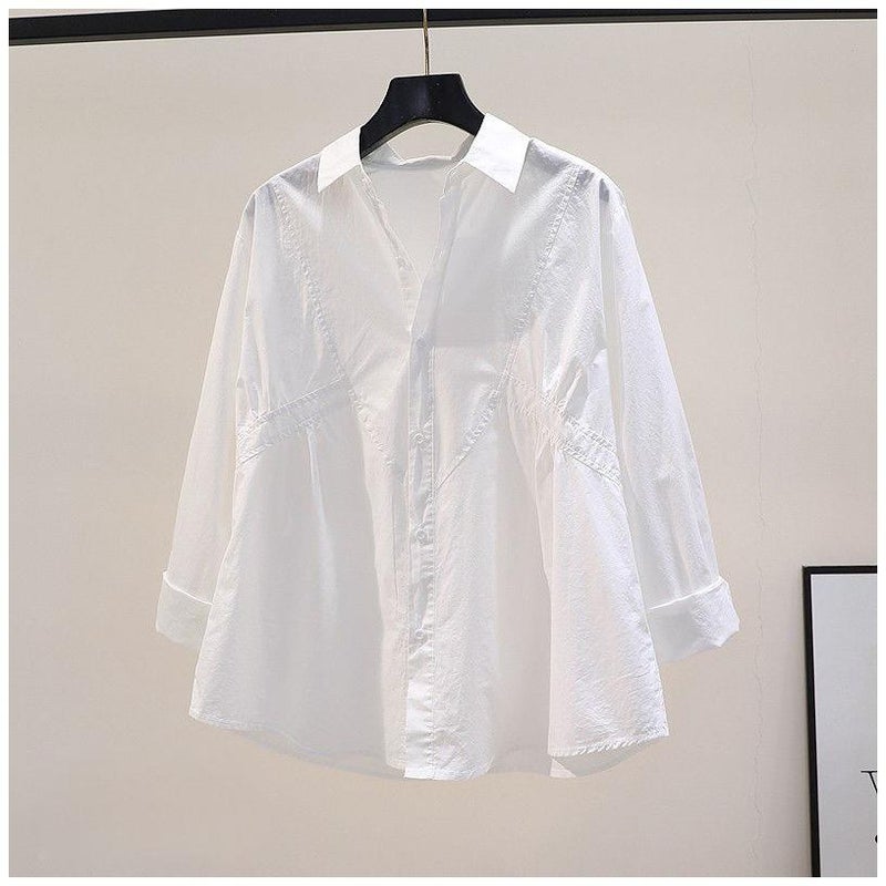 Waist Design Pleated Loose Cotton Shirt Women'S Blue Long-Sleeved Shirt 2024 Fresh All-Matching Top - Image 5