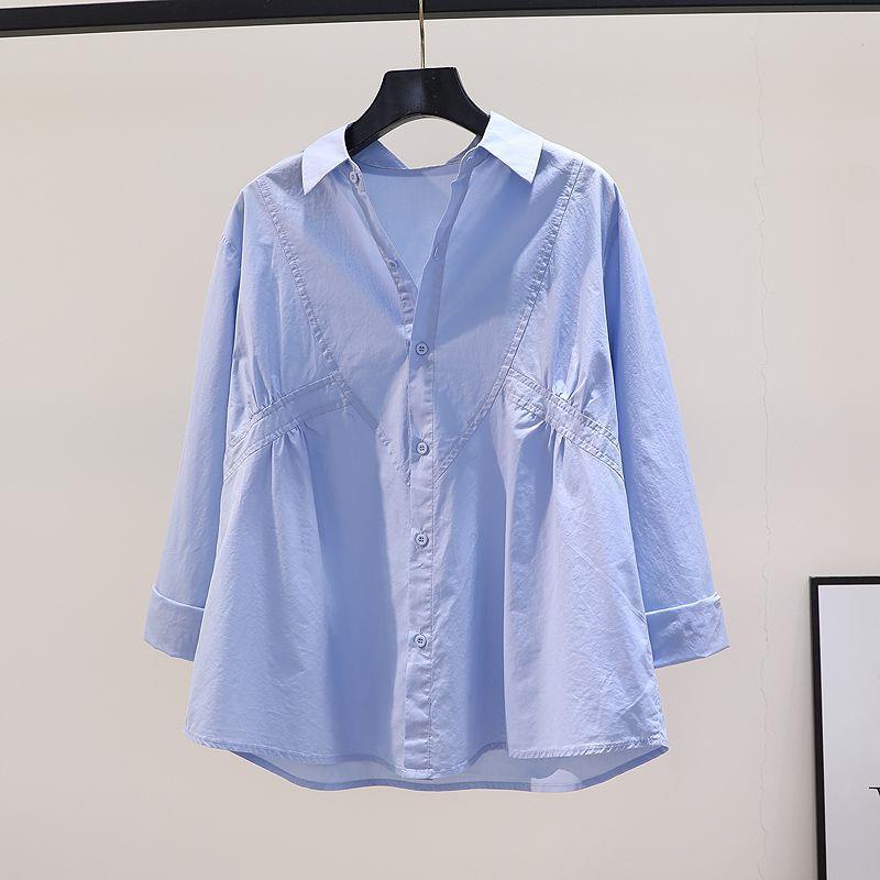 Waist Design Pleated Loose Cotton Shirt Women'S Blue Long-Sleeved Shirt 2024 Fresh All-Matching Top - Image 2