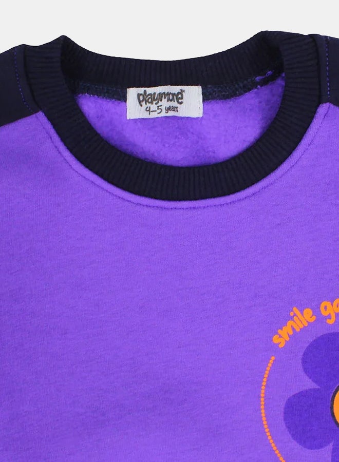 playmore Girls Cotton Sweatshirt - Purple with "Smile Garden Always Happy" Print - Image 3