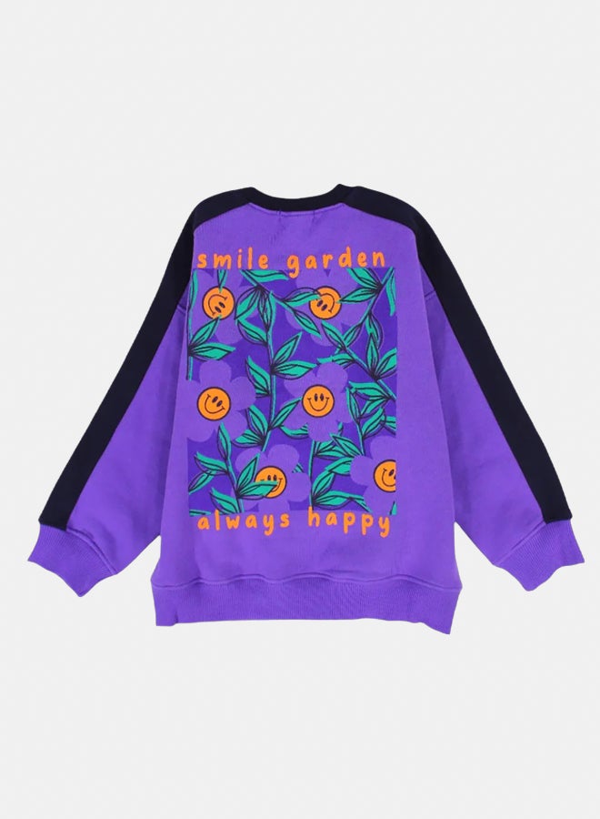 playmore Girls Cotton Sweatshirt - Purple with "Smile Garden Always Happy" Print - Image 2