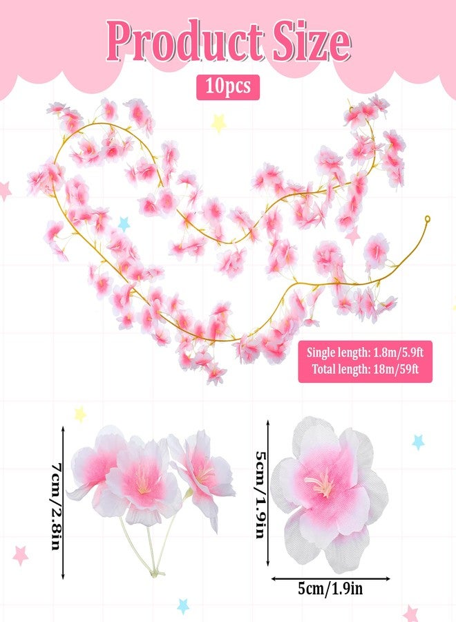 Exclaith 10 Pcs 59 FT Artificial Cherry Blossom Flower Vines Pink Flowers Garland Hanging Silk Flowers Garland for Wedding Party Party Arch Office Decor Sakura Cute Spring Summer Decor, Pink - Image 2