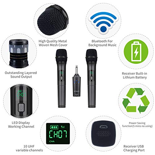 Kithouse ميكروفونات كيث هاوس K380A اللاسلكية - ميكروفونات يدوية مزدوجة UHF بدون سلك مع جهاز استقبال بلوتوث قابل لإعادة الشحن - كاريوكي/خطاب/كنيسة (أسود أنيق) - Image 5