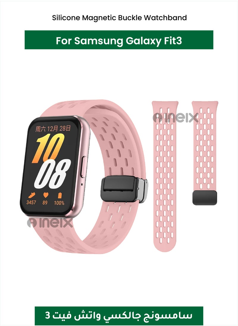 INEIX Silicone Magnetic Buckle Watchband For Samsung Galaxy Fit3 Official Bracelet Replacement Wristband For Galaxy Fit 3 Band Accessories-Light Pink 