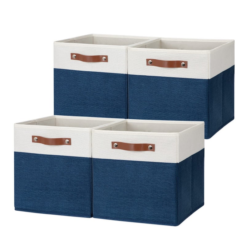 DULLEMELO 12 inch Cube Storage Bins Gift Baskets Empty for Boy Girl Mother Father Christmas FestivalFabric Storage Bins Cube Organizer Baskets With Leather HandlesWhiteBlue4 Pack