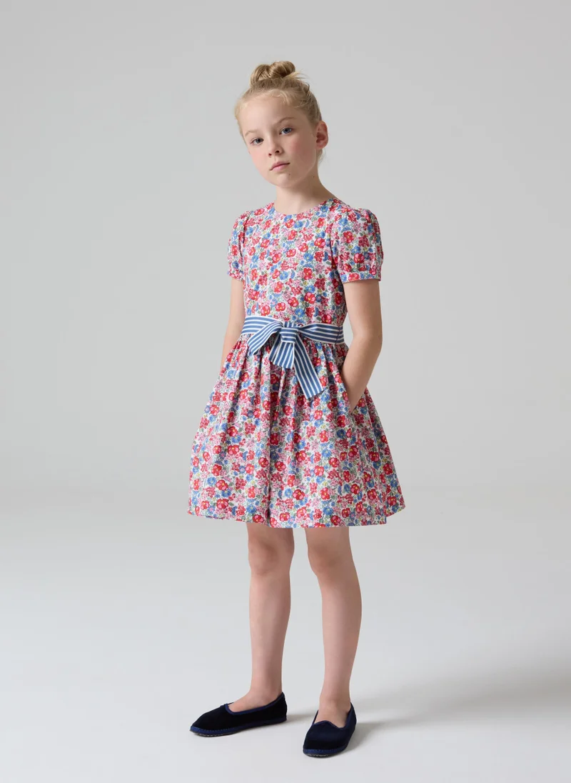 Ovs Floral cotton dress with striped ribbon