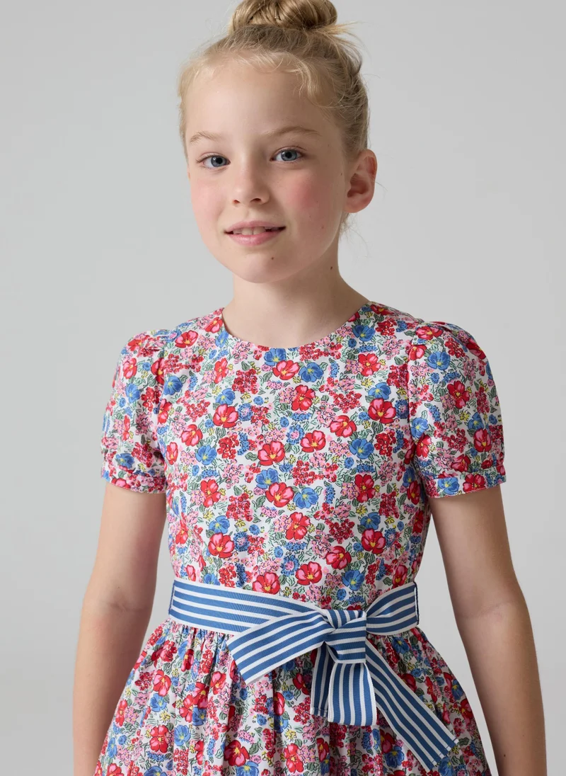 Ovs Floral cotton dress with striped ribbon