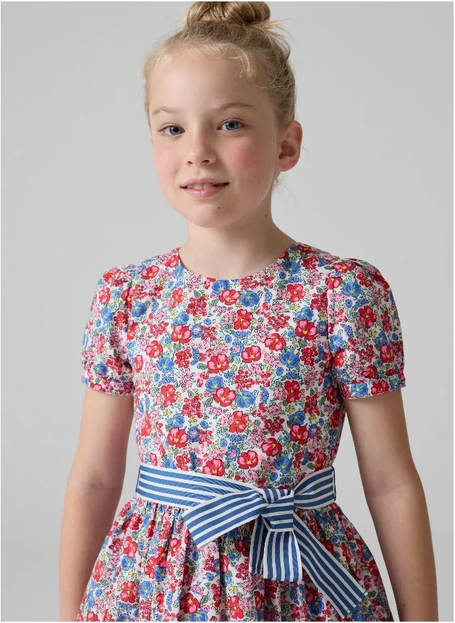 او في اس Floral cotton dress with striped ribbon