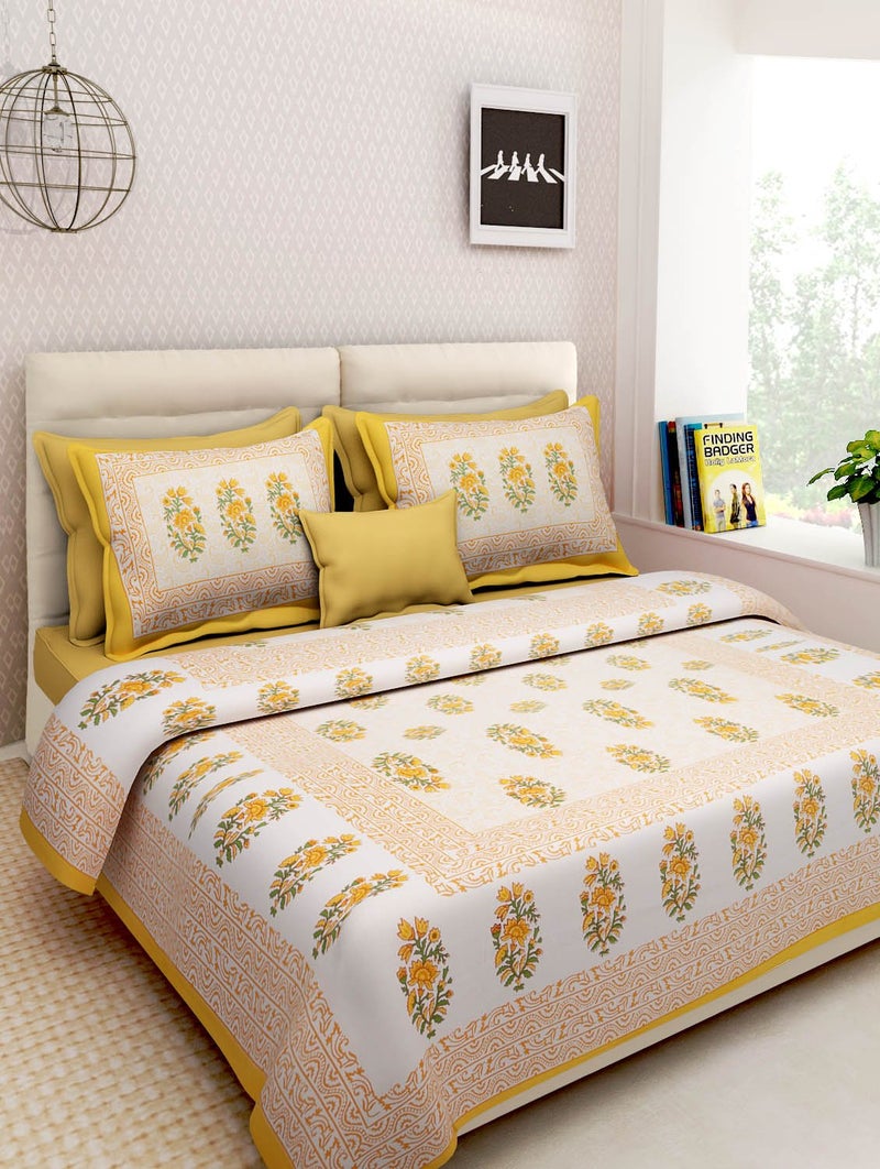 Pure Comfort 100% Cotton Double Bedsheet Floral Print Design with 2 Zipped Pillow Covers Super King Size, Yellow (270 cm X 225 cm) (PCI17653) - Image 4