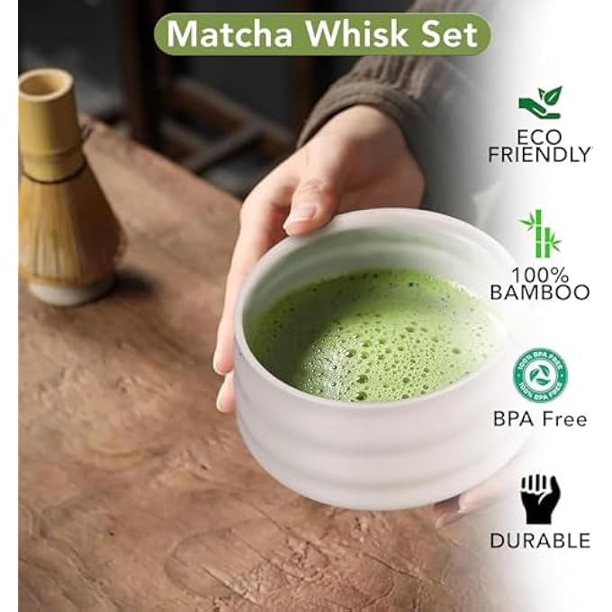 Jinou Matcha Set Made With Natural Bamboo And Premium Quality Ceramic  7 Pcs Set Includes Whisk Holder Scoop Scoop Rest Sifter  Tea Towel  17Oz Bowl Perfect For Matcha Lovers  Gifting - Image 5