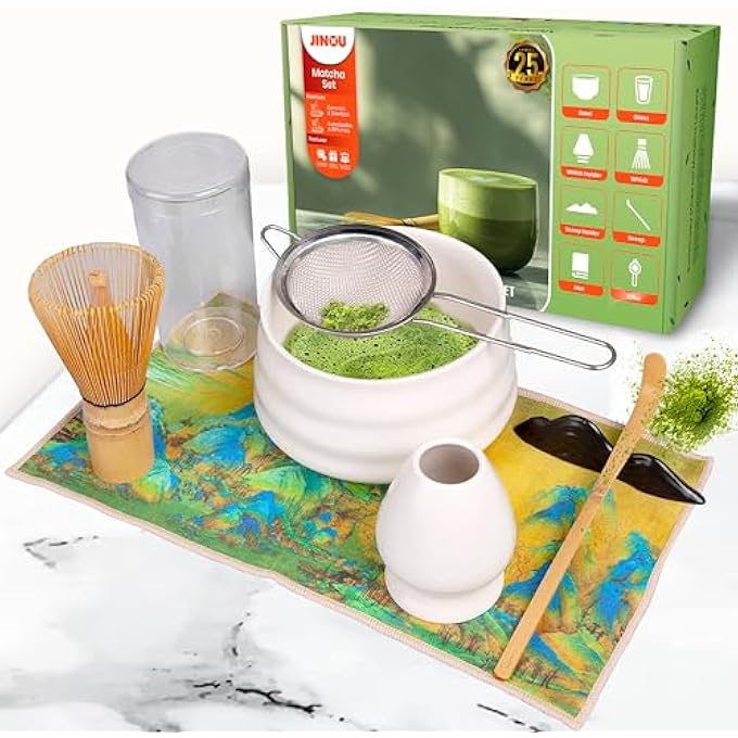 Jinou Matcha Set Made With Natural Bamboo And Premium Quality Ceramic  7 Pcs Set Includes Whisk Holder Scoop Scoop Rest Sifter  Tea Towel  17Oz Bowl Perfect For Matcha Lovers  Gifting - Image 1