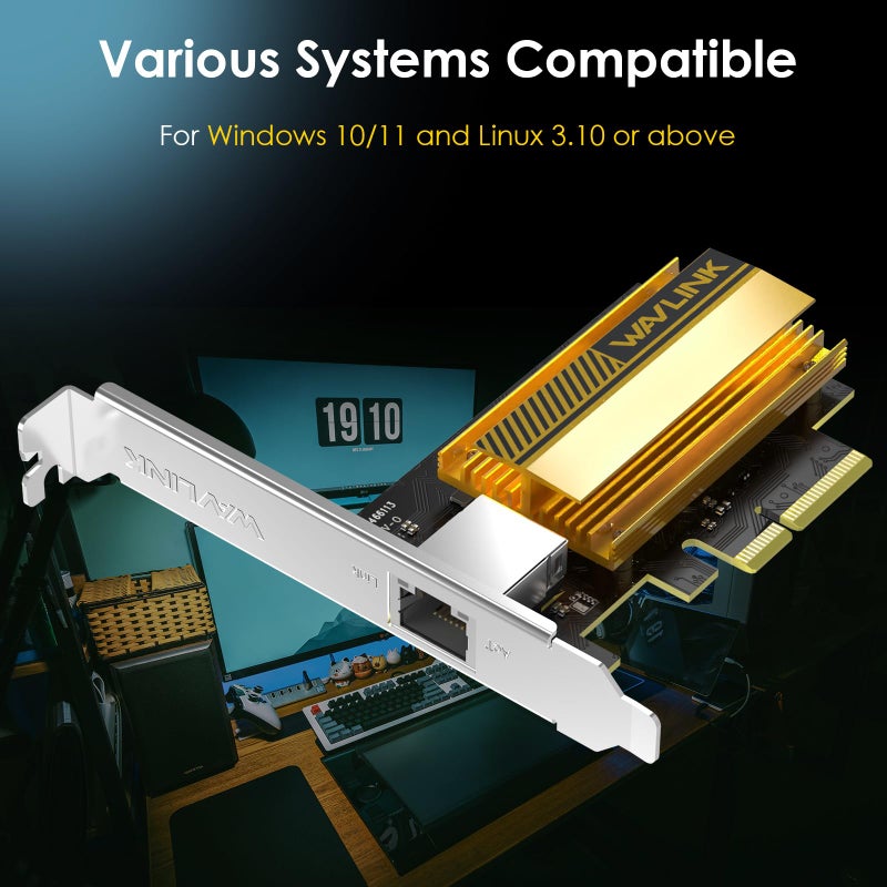 WAVLINK 10G PCIe Network Card, 10GB Base-T Ethernet Adapter with AQC113 Controller, 10000/5000/2500Mbps PCIe x4/x8/x16 Compatible for Windows 11/10 & Linux, Includes Low Profile Bracket - Image 5