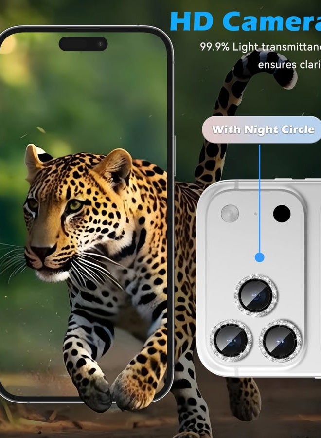 CloudValley Glitter Camera Lens Protective Film for iPhone 17 Pro/iPhone 17 Pro Max, HD Scratch Resistant Tempered Glass, Shatterproof Metallic Ring, Glitter Silver - Image 2