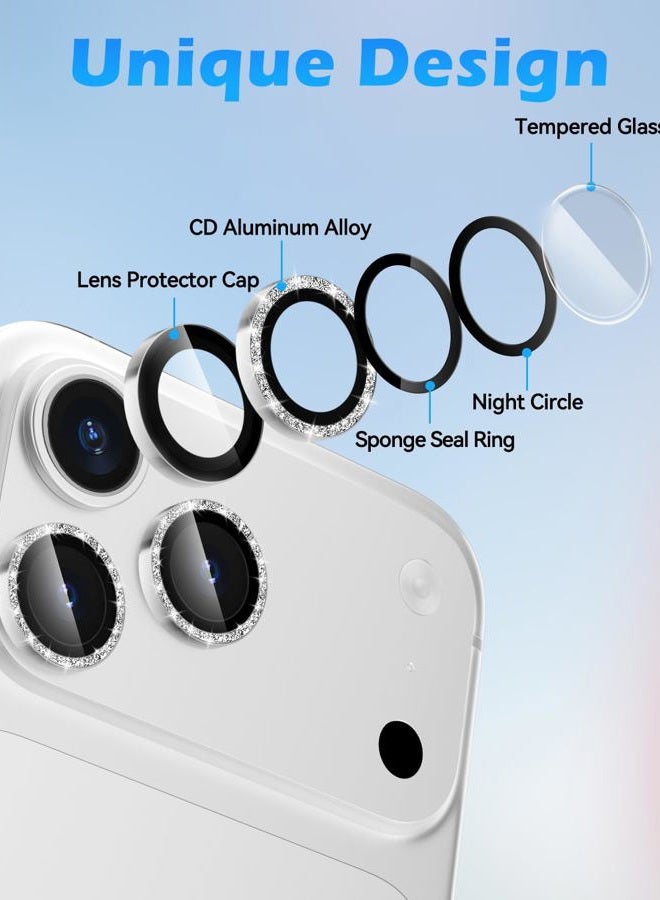 CloudValley Glitter Camera Lens Protective Film for iPhone 17 Pro/iPhone 17 Pro Max, HD Scratch Resistant Tempered Glass, Shatterproof Metallic Ring, Glitter Silver - Image 3