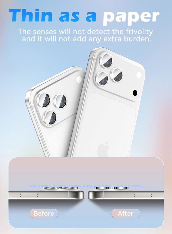 CloudValley Glitter Camera Lens Protective Film for iPhone 17 Pro/iPhone 17 Pro Max, HD Scratch Resistant Tempered Glass, Shatterproof Metallic Ring, Glitter Silver - Image 4