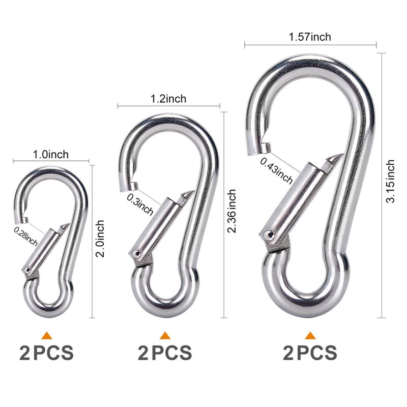 Sucrown 6PCS Spring Snap Hooks Carabiner- 304 Premium Stainless Steel Heavy Duty Carabiner Clips Assorted Sizes (2, 2.36, 3.15 inch) for Camping, Fishing, Hiking, Traveling, Backpack, Keychain; Silver - Image 2