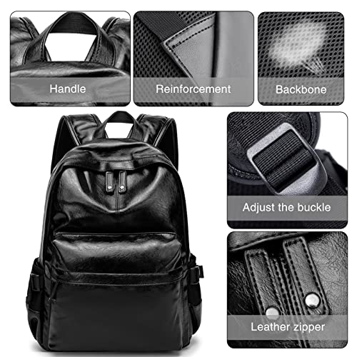 MCWTH Leather Laptop Backpack for Men Women, School College Bookbag Casual Travel Daypack (Black) - Image 4