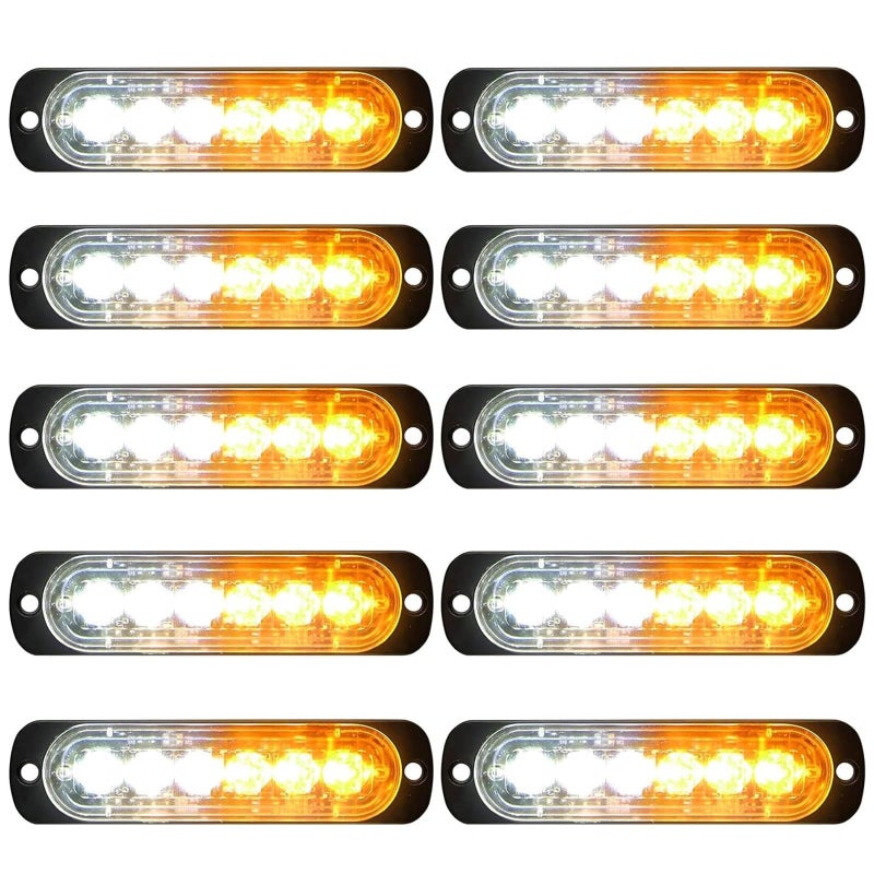 EEEKit 10 Pack LED Emergency Strobe Lights 6 LED Amber White Strobe Warning Emergency Flashing Lights Surface Mount Caution Construction Hazard Light Bar for Car Truck Van Offroad Vehicle ATV SUV