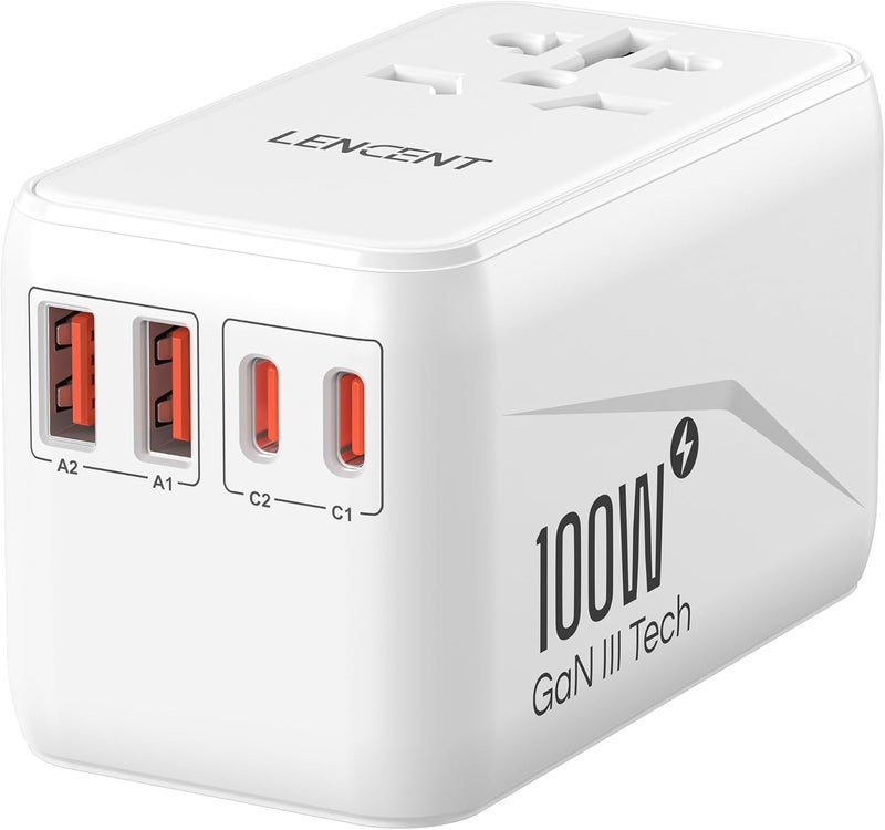 لينسينت محول سفر عالمي ، محول دولي GaN3 بقدرة 100 واط مع منفذي QC4.0 USB-A ومنفذي PD3.0 Type-C للشحن السريع PPS، شاحن حائط عالمي لأجهزة iPhone وGalaxy وأجهزة الكمبيوتر المحمولة، محول قابس الولايات المتحدة/المملكة المتحدة/الاتحاد الأوروبي/أستراليا - Image 1
