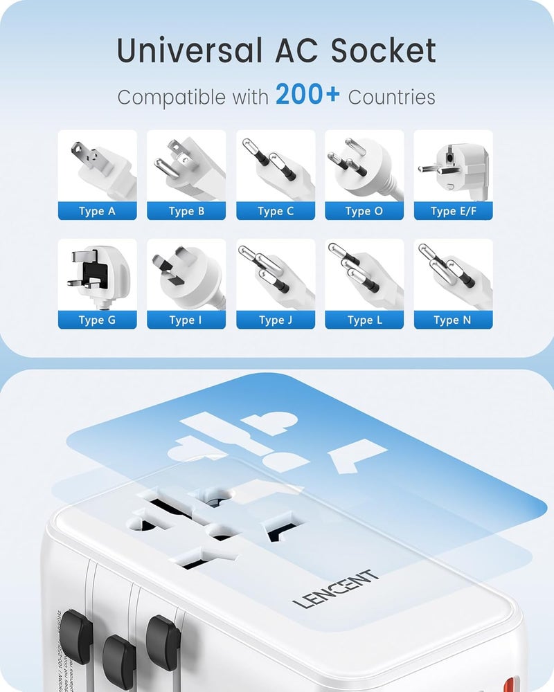 لينسينت محول سفر عالمي ، محول دولي GaN3 بقدرة 100 واط مع منفذي QC4.0 USB-A ومنفذي PD3.0 Type-C للشحن السريع PPS، شاحن حائط عالمي لأجهزة iPhone وGalaxy وأجهزة الكمبيوتر المحمولة، محول قابس الولايات المتحدة/المملكة المتحدة/الاتحاد الأوروبي/أستراليا - Image 4