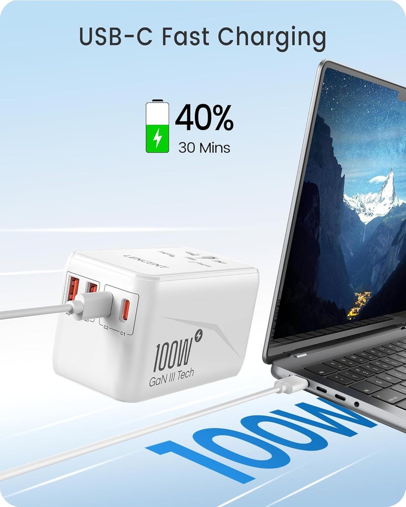 لينسينت محول سفر عالمي ، محول دولي GaN3 بقدرة 100 واط مع منفذي QC4.0 USB-A ومنفذي PD3.0 Type-C للشحن السريع PPS، شاحن حائط عالمي لأجهزة iPhone وGalaxy وأجهزة الكمبيوتر المحمولة، محول قابس الولايات المتحدة/المملكة المتحدة/الاتحاد الأوروبي/أستراليا - Image 3