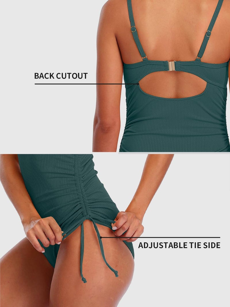 SOCIALA Ribbed One Piece Swimsuit Women Tie Side High Cut Bathing Suits Tummy Control Swim Suit 2025 Ruched Monokinis Green Medium - Image 4