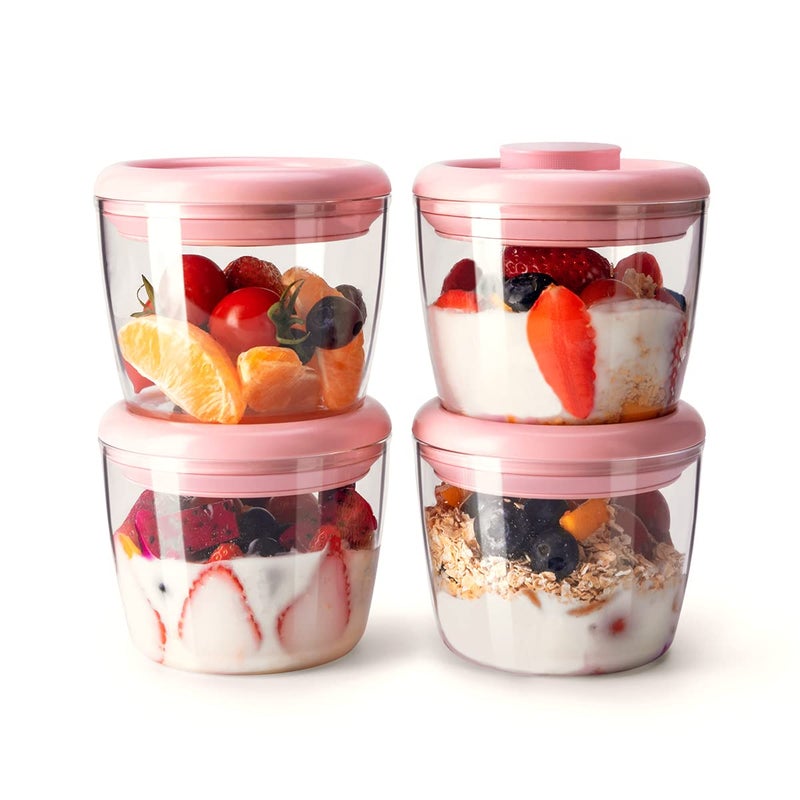 Ankou 400ml Meal Prep Container Set of 4 Pink Tritan Plastic Food Storage Containers with Lids Airtight Leakproof Pop Top Lid Bowl for Breakfast Leftovers