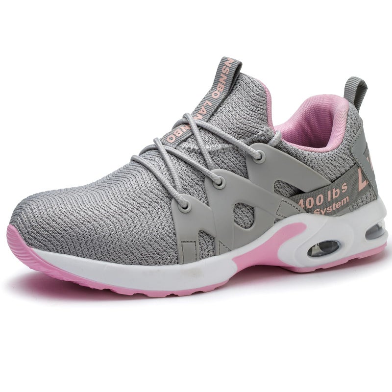 LANSNBO Steel Toe Shoes for Women Indestructible Safety Work Shoes Air Cushion Lightweight Breathable Utility Sneakers Puncture Proof Slip Resistant Composite Toe FootwearHui Fen 37 GreyPink