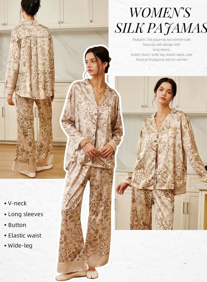Arssm Women 2 Piece Satin Silk Pajama Set Floral Long Sleeve Pajamas Soft Button Down Pjs Set Sleepwear, Khaki, XL - Image 4