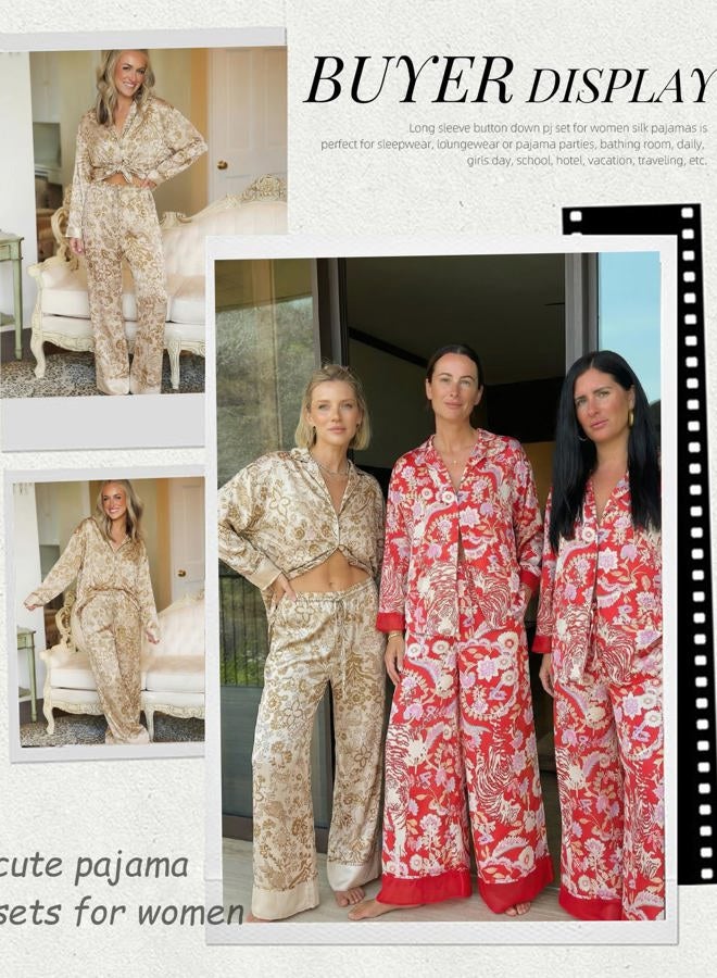 Arssm Women 2 Piece Satin Silk Pajama Set Floral Long Sleeve Pajamas Soft Button Down Pjs Set Sleepwear, Khaki, XL - Image 5
