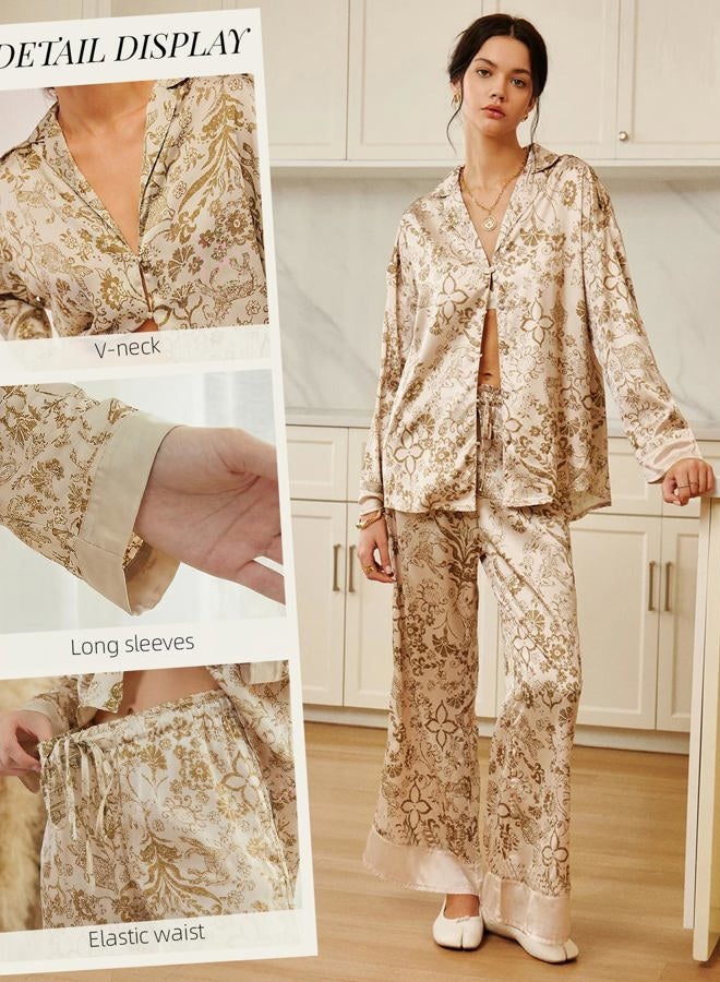 Arssm Women 2 Piece Satin Silk Pajama Set Floral Long Sleeve Pajamas Soft Button Down Pjs Set Sleepwear, Khaki, XL - Image 3