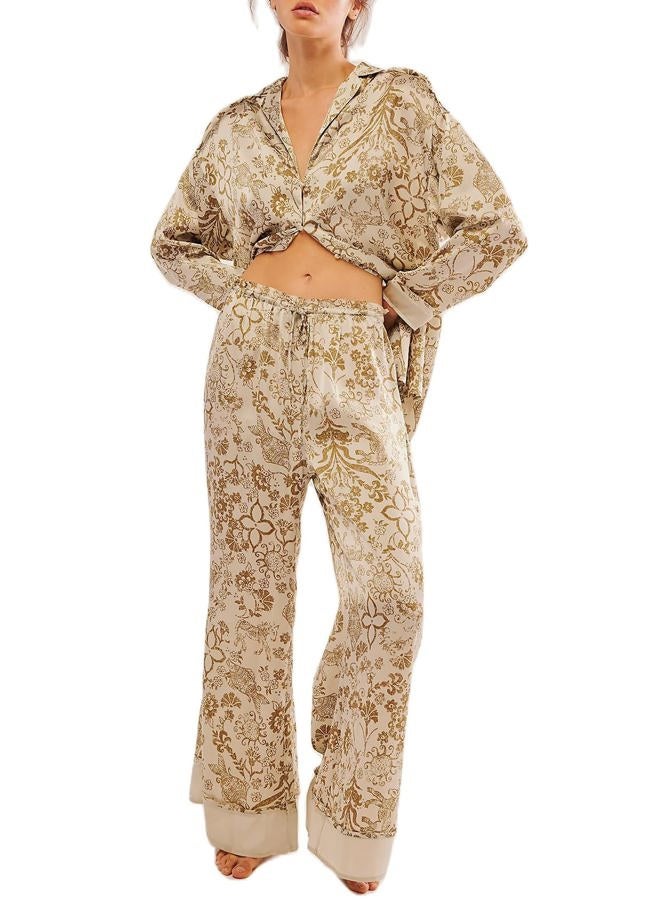 Arssm Women 2 Piece Satin Silk Pajama Set Floral Long Sleeve Pajamas Soft Button Down Pjs Set Sleepwear, Khaki, XL - Image 1