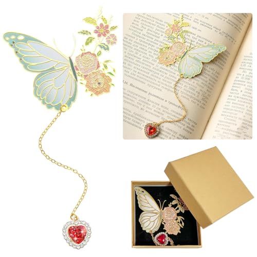 Climberty® Metal Butterfly Bookmark with Red Heart Chain Pendent, Cute Funny Metal Bookmark, Unique Gifts Book Markers for Women Book Lovers, Valentine Mother's Day Christmas New Year Birthday Gift - Image 1