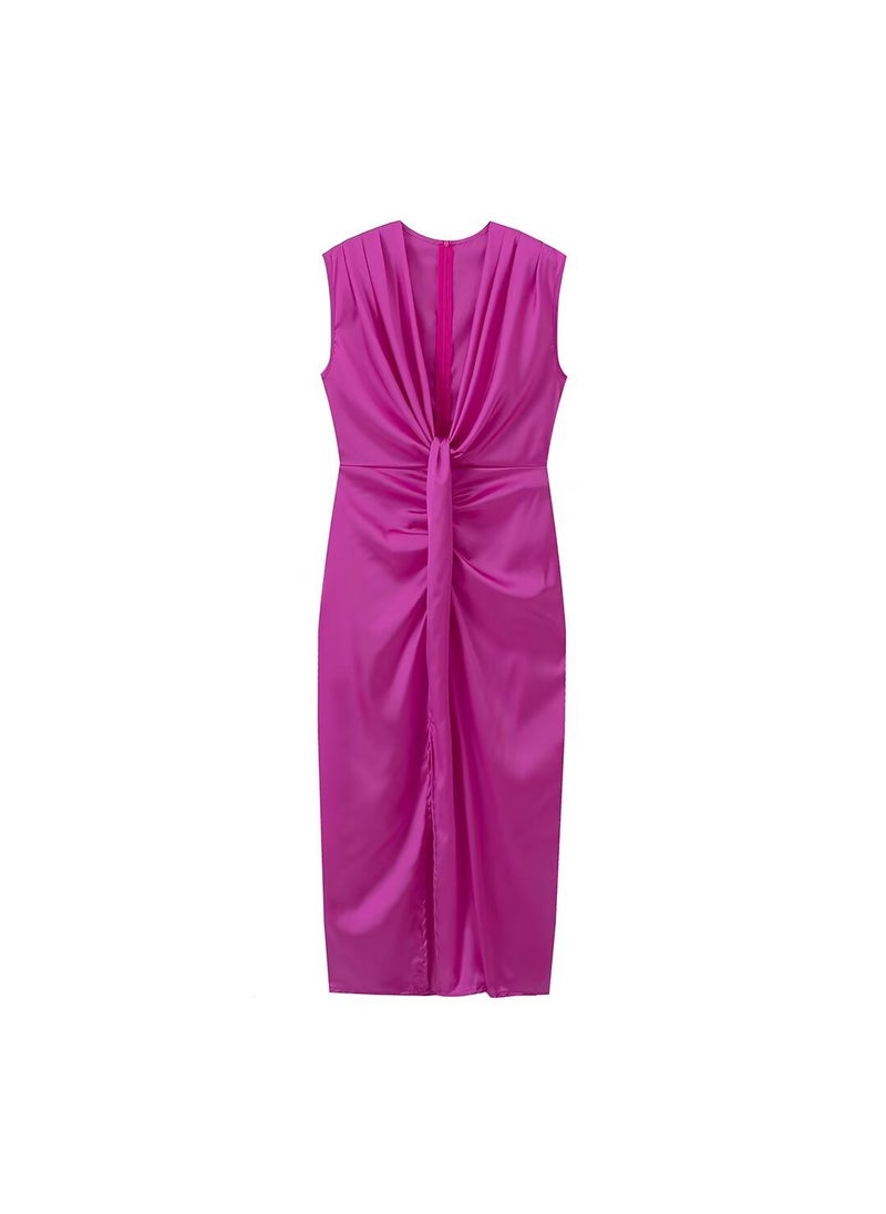 Generic - Speed Selling Womens Dress Three Colors Silk Surface No Sleeves V-Neck Ruffles Dress European And American Style Purple - Image 1