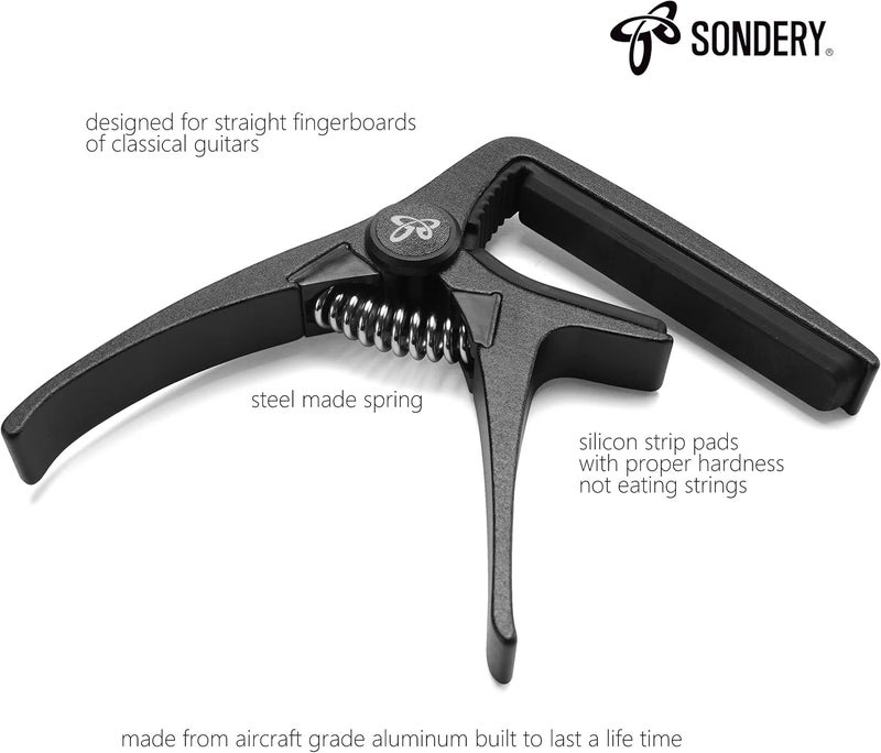 Sondery كابو للجيتارات الكلاسيكية كابو معدني فائق الخفة بلون أسود فاخر للجيتارات ذات الأوتار النايلون ذات العنق العريض مصمم بشكل استثنائي مع زنبرك فولاذي - Image 2