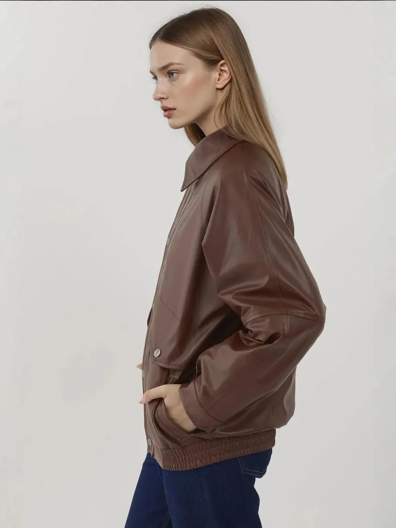 HICCUP Chestnut Brown Oversized Faux Leather Jacket with Pockets for Women | Best Price UAE