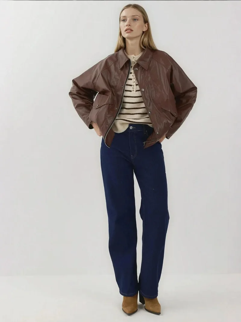 HICCUP Chestnut Brown Oversized Faux Leather Jacket with Pockets for Women | Best Price UAE