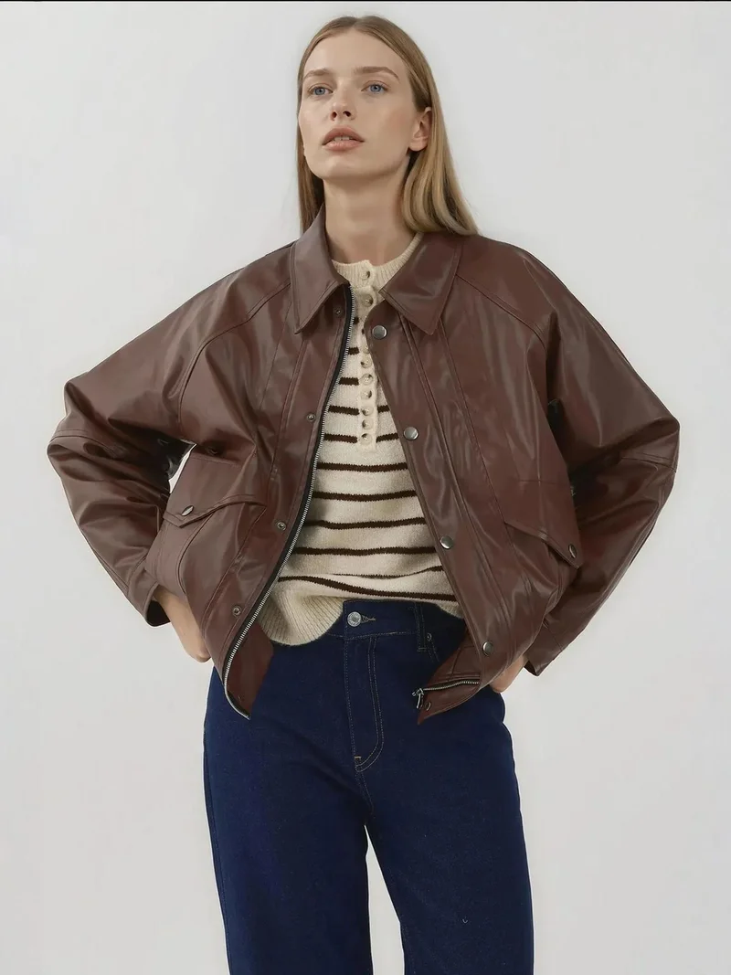 زوبعة جاكيت جلد صناعي واسع بجيوب