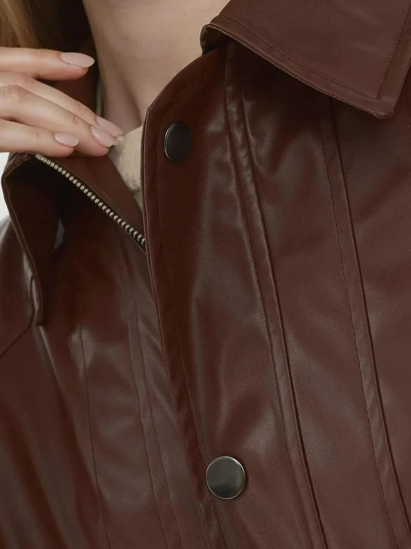 HICCUP Chestnut Brown Oversized Faux Leather Jacket with Pockets for Women | Best Price UAE