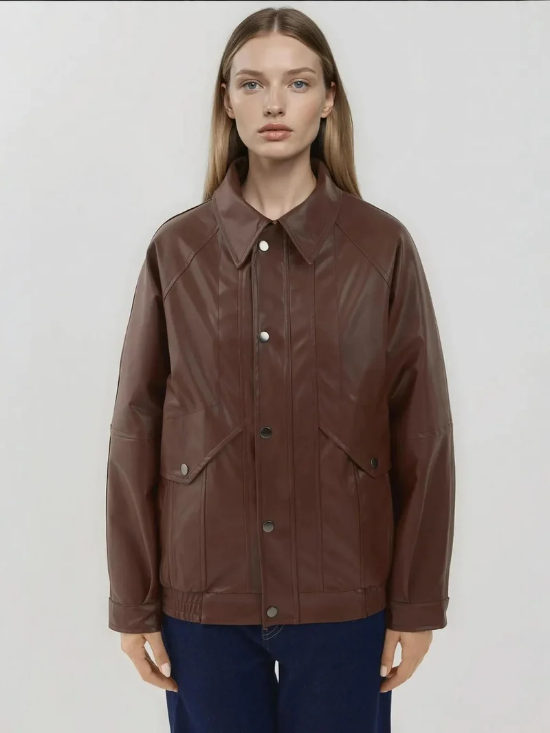 HICCUP Chestnut Brown Oversized Faux Leather Jacket with Pockets for Women | Best Price UAE